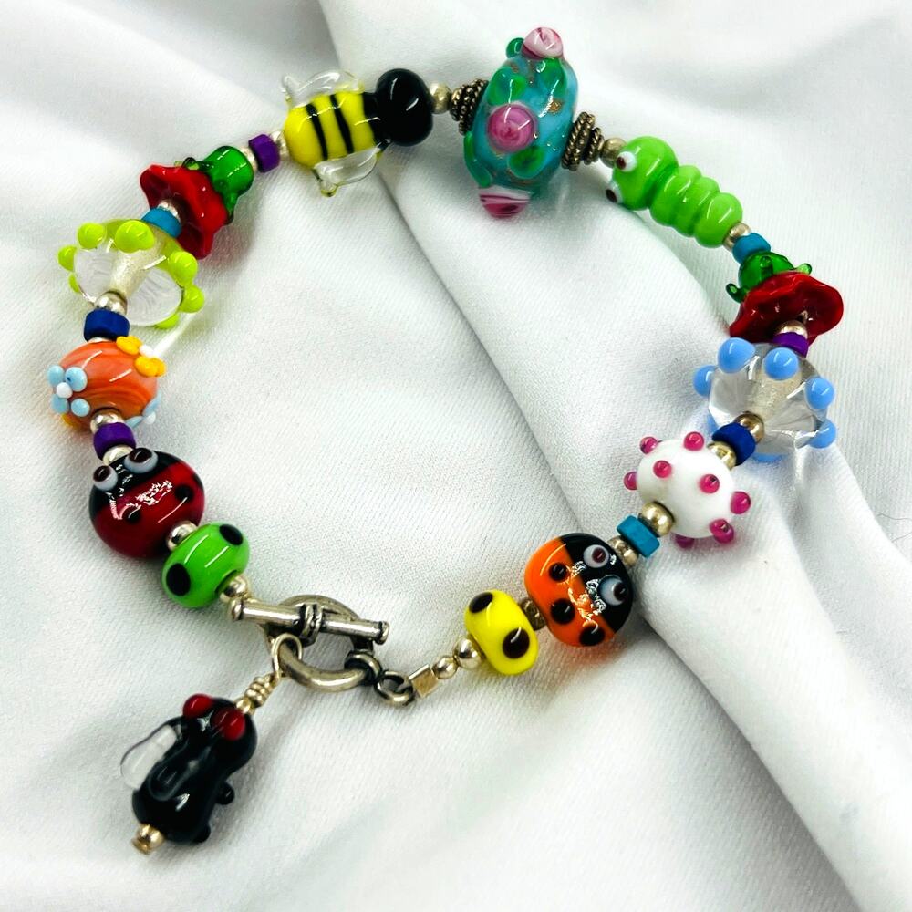 Artisan Lampwork Glass Bug Bracelet OOAK Fairycore Sterling Silver Wearable Art